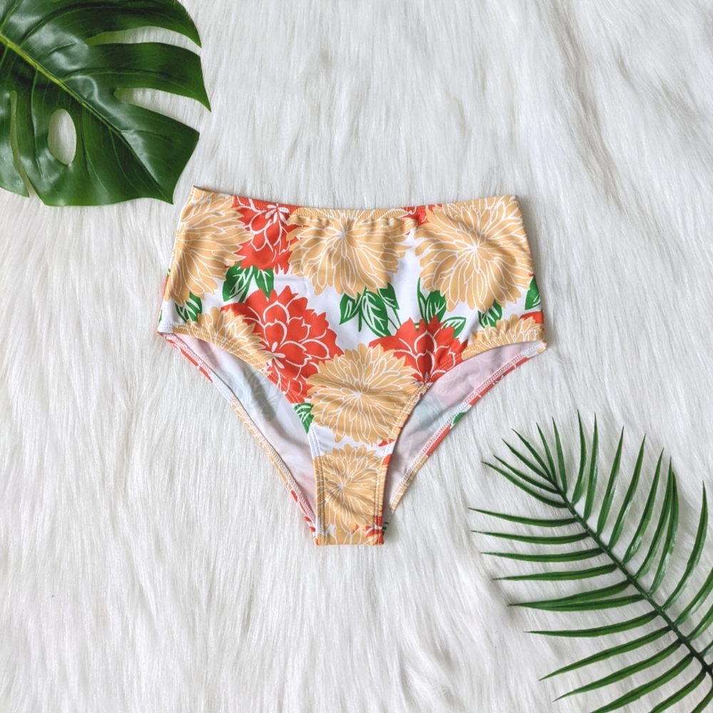 Orange white and green floral print high waist bikini bottom size S M L